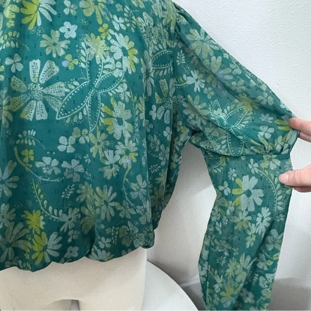 Free People Green Puff Sleeve Ruffled Blouse